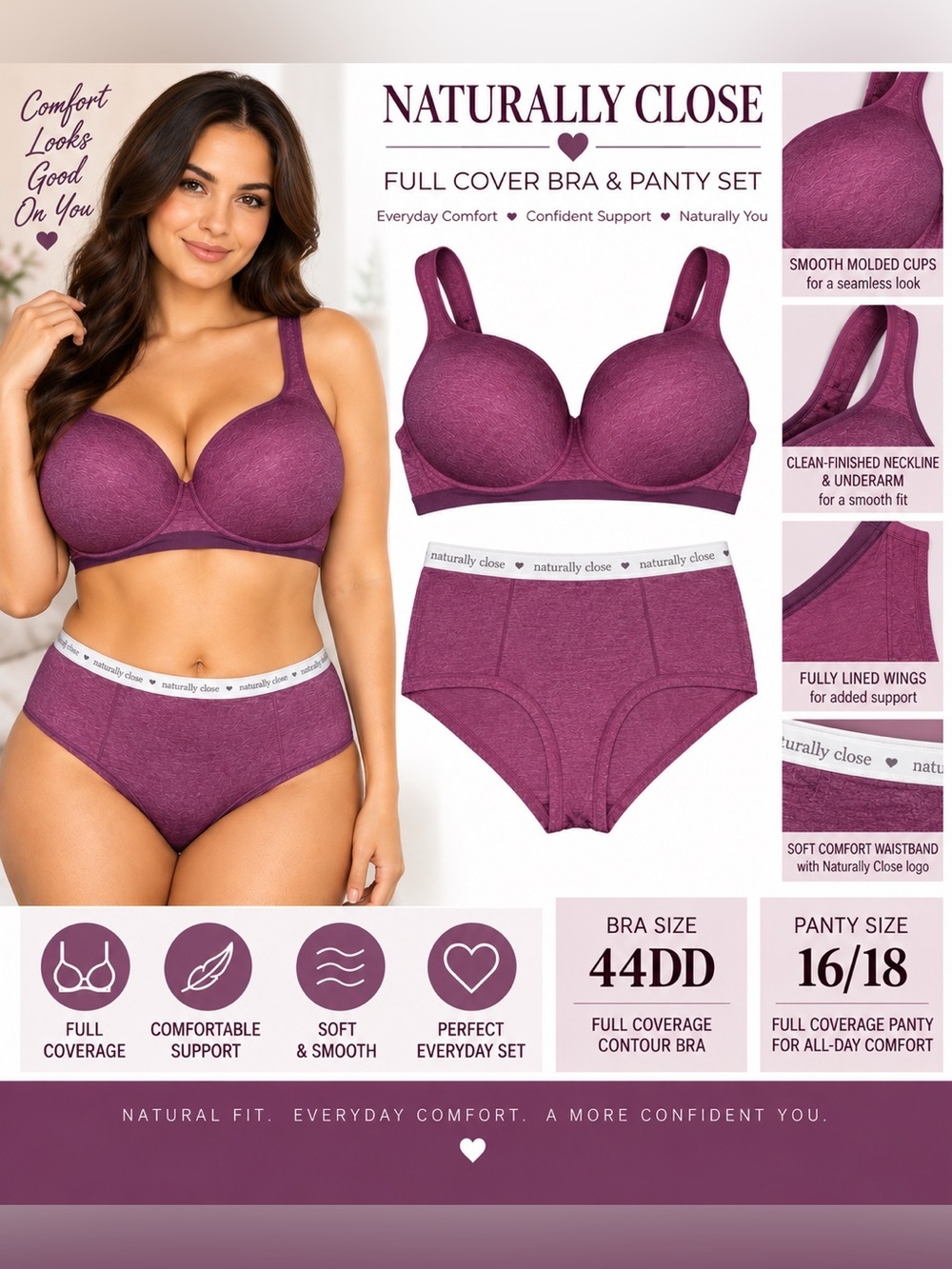 NATURALLY CLOSE FULL COVERAGE BRA & PANTY SET 44DD - PLUM (NEW WITH TAGS) A4
